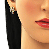 Oro Laminado Stud Earring, Gold Filled Style Four-leaf Clover Design, with Multicolor Micro Pave, Polished, Golden Finish