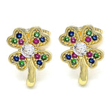 Oro Laminado Stud Earring, Gold Filled Style Four-leaf Clover Design, with Multicolor Micro Pave, Polished, Golden Finish