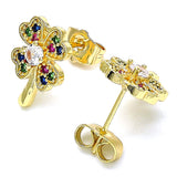 Oro Laminado Stud Earring, Gold Filled Style Four-leaf Clover Design, with Multicolor Micro Pave, Polished, Golden Finish