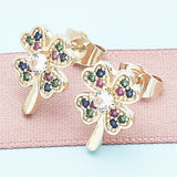 Oro Laminado Stud Earring, Gold Filled Style Four-leaf Clover Design, with Multicolor Micro Pave, Polished, Golden Finish