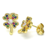 Oro Laminado Stud Earring, Gold Filled Style Four-leaf Clover Design, with Multicolor Micro Pave, Polished, Golden Finish