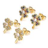 Oro Laminado Stud Earring, Gold Filled Style Four-leaf Clover Design, with Multicolor Micro Pave, Polished, Golden Finish