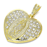 Oro Laminado Religious Pendant, Gold Filled Style Heart and Guadalupe Design, with White Crystal, Polished, Golden Finish
