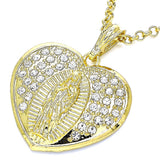 Oro Laminado Religious Pendant, Gold Filled Style Heart and Guadalupe Design, with White Crystal, Polished, Golden Finish