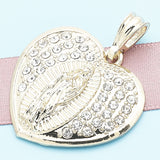 Oro Laminado Religious Pendant, Gold Filled Style Heart and Guadalupe Design, with White Crystal, Polished, Golden Finish