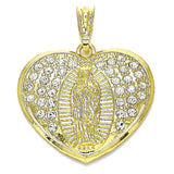 Oro Laminado Religious Pendant, Gold Filled Style Heart and Guadalupe Design, with White Crystal, Polished, Golden Finish