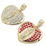 Oro Laminado Religious Pendant, Gold Filled Style Heart and Guadalupe Design, with White Crystal, Polished, Golden Finish