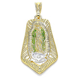 Oro Laminado Religious Pendant, Gold Filled Style Guadalupe Design, Polished, Tricolor
