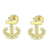 Oro Laminado Stud Earring, Gold Filled Style Anchor Design, with White Micro Pave, Polished, Golden Finish