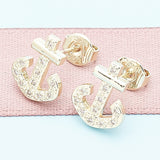 Oro Laminado Stud Earring, Gold Filled Style Anchor Design, with White Micro Pave, Polished, Golden Finish