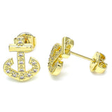 Oro Laminado Stud Earring, Gold Filled Style Anchor Design, with White Micro Pave, Polished, Golden Finish