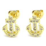 Oro Laminado Stud Earring, Gold Filled Style Anchor Design, with White Micro Pave, Polished, Golden Finish