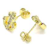 Oro Laminado Stud Earring, Gold Filled Style Anchor Design, with White Micro Pave, Polished, Golden Finish