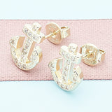 Oro Laminado Stud Earring, Gold Filled Style Anchor Design, with White Micro Pave, Polished, Golden Finish