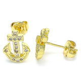 Oro Laminado Stud Earring, Gold Filled Style Anchor Design, with White Micro Pave, Polished, Golden Finish