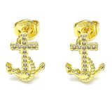 Oro Laminado Stud Earring, Gold Filled Style Anchor Design, with White Micro Pave, Polished, Golden Finish