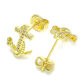 Oro Laminado Stud Earring, Gold Filled Style Anchor Design, with White Micro Pave, Polished, Golden Finish
