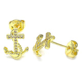 Oro Laminado Stud Earring, Gold Filled Style Anchor Design, with White Micro Pave, Polished, Golden Finish