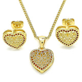 Oro Laminado Earring and Pendant Adult Set, Gold Filled Style Heart Design, with Garnet Micro Pave, Polished, Golden Finish