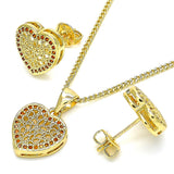 Oro Laminado Earring and Pendant Adult Set, Gold Filled Style Heart Design, with Garnet Micro Pave, Polished, Golden Finish