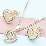 Oro Laminado Earring and Pendant Adult Set, Gold Filled Style Heart Design, with Garnet Micro Pave, Polished, Golden Finish