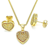 Oro Laminado Earring and Pendant Adult Set, Gold Filled Style Heart Design, with Garnet Micro Pave, Polished, Golden Finish