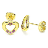 Oro Laminado Stud Earring, Gold Filled Style Heart Design, with Ruby Micro Pave, Polished, Golden Finish