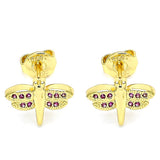 Oro Laminado Stud Earring, Gold Filled Style Dragon-Fly Design, with Ruby Micro Pave, Polished, Golden Finish