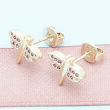 Oro Laminado Stud Earring, Gold Filled Style Dragon-Fly Design, with Ruby Micro Pave, Polished, Golden Finish