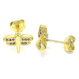 Oro Laminado Stud Earring, Gold Filled Style Dragon-Fly Design, with Ruby Micro Pave, Polished, Golden Finish