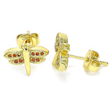 Oro Laminado Stud Earring, Gold Filled Style Dragon-Fly Design, with Garnet Micro Pave, Polished, Golden Finish
