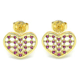 Oro Laminado Stud Earring, Gold Filled Style Heart Design, with Ruby Micro Pave, Polished, Golden Finish