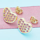 Oro Laminado Stud Earring, Gold Filled Style Heart Design, with Ruby Micro Pave, Polished, Golden Finish