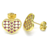 Oro Laminado Stud Earring, Gold Filled Style Heart Design, with Ruby Micro Pave, Polished, Golden Finish