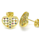 Oro Laminado Stud Earring, Gold Filled Style Heart Design, with Multicolor Micro Pave, Polished, Golden Finish