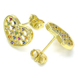 Oro Laminado Stud Earring, Gold Filled Style Heart Design, with Multicolor Micro Pave, Polished, Golden Finish