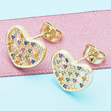 Oro Laminado Stud Earring, Gold Filled Style Heart Design, with Multicolor Micro Pave, Polished, Golden Finish