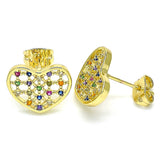 Oro Laminado Stud Earring, Gold Filled Style Heart Design, with Multicolor Micro Pave, Polished, Golden Finish