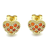 Oro Laminado Stud Earring, Gold Filled Style Heart Design, with Garnet Cubic Zirconia, Polished, Golden Finish