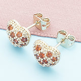 Oro Laminado Stud Earring, Gold Filled Style Heart Design, with Garnet Cubic Zirconia, Polished, Golden Finish