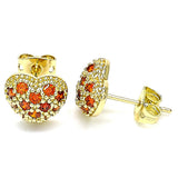 Oro Laminado Stud Earring, Gold Filled Style Heart Design, with Garnet Cubic Zirconia, Polished, Golden Finish