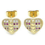 Oro Laminado Stud Earring, Gold Filled Style Heart Design, with Ruby and White Micro Pave, Polished, Golden Finish
