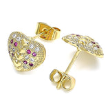 Oro Laminado Stud Earring, Gold Filled Style Heart Design, with Ruby and White Micro Pave, Polished, Golden Finish