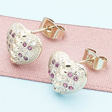 Oro Laminado Stud Earring, Gold Filled Style Heart Design, with Ruby and White Micro Pave, Polished, Golden Finish