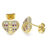 Oro Laminado Stud Earring, Gold Filled Style Heart Design, with Ruby and White Micro Pave, Polished, Golden Finish