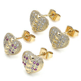Oro Laminado Stud Earring, Gold Filled Style Heart Design, with Ruby and White Micro Pave, Polished, Golden Finish