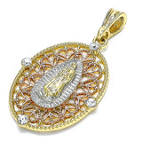 Oro Laminado Fancy Pendant, Gold Filled Style Guadalupe Design, with White Crystal, Diamond Cutting Finish, Tricolor