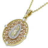 Oro Laminado Fancy Pendant, Gold Filled Style Guadalupe Design, with White Crystal, Diamond Cutting Finish, Tricolor