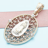 Oro Laminado Fancy Pendant, Gold Filled Style Guadalupe Design, with White Crystal, Diamond Cutting Finish, Tricolor