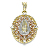Oro Laminado Fancy Pendant, Gold Filled Style Guadalupe Design, with White Crystal, Diamond Cutting Finish, Tricolor